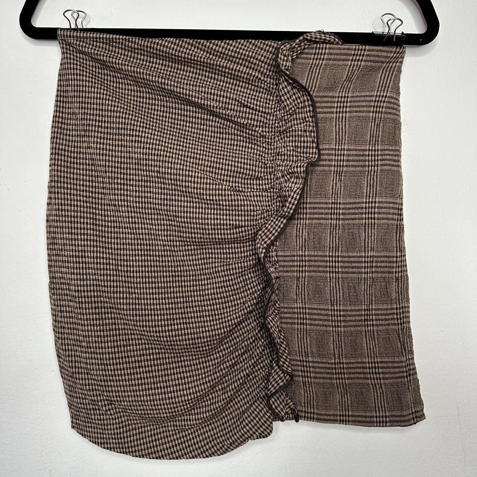 Mango Mango Brown Plaid Mix Side Ruffle ALine Back Zip Skirt Med Size 30" / US 8 / IT 44 - 3 Thumbnail