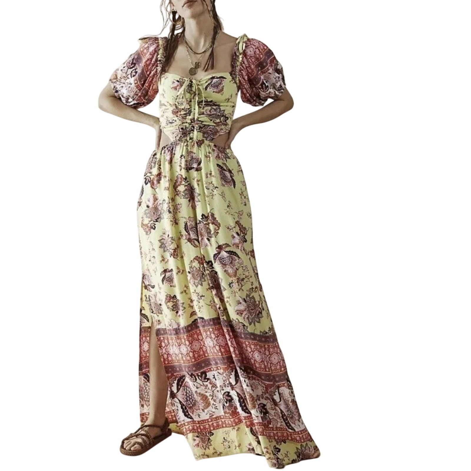 Free People Bali Citrus Skies One Piece Wide Leg Jumpsuit Floral Pockets Size 26" / US 2 / IT 38 - 1 Thumbnail