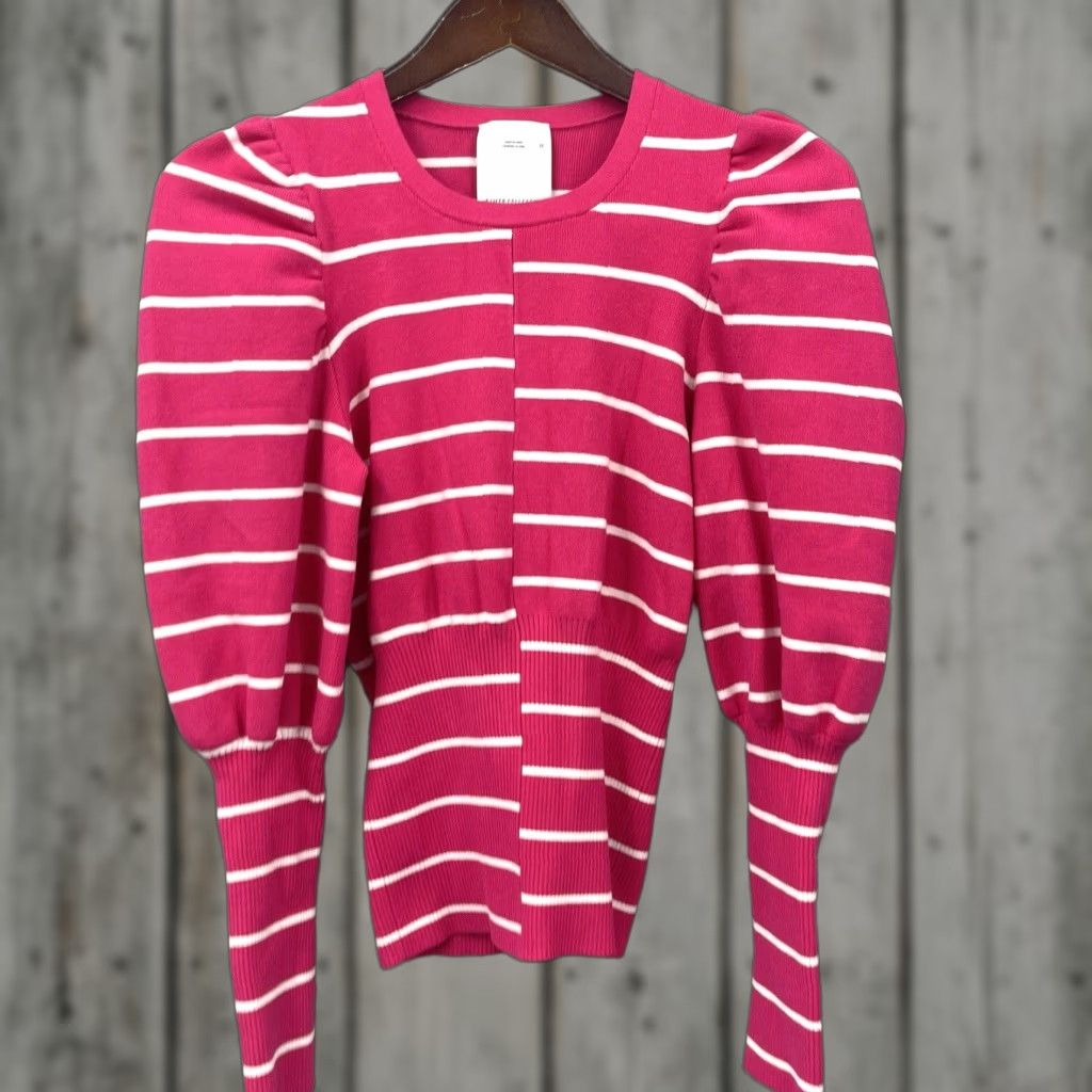 Vintage C/MEO COLLECTIVE Sweater Women M Striped Puff Sleeve Knit Pink Preppy Pullover Womens Size M / US 6-8 / IT 42-44 - 1 Thumbnail
