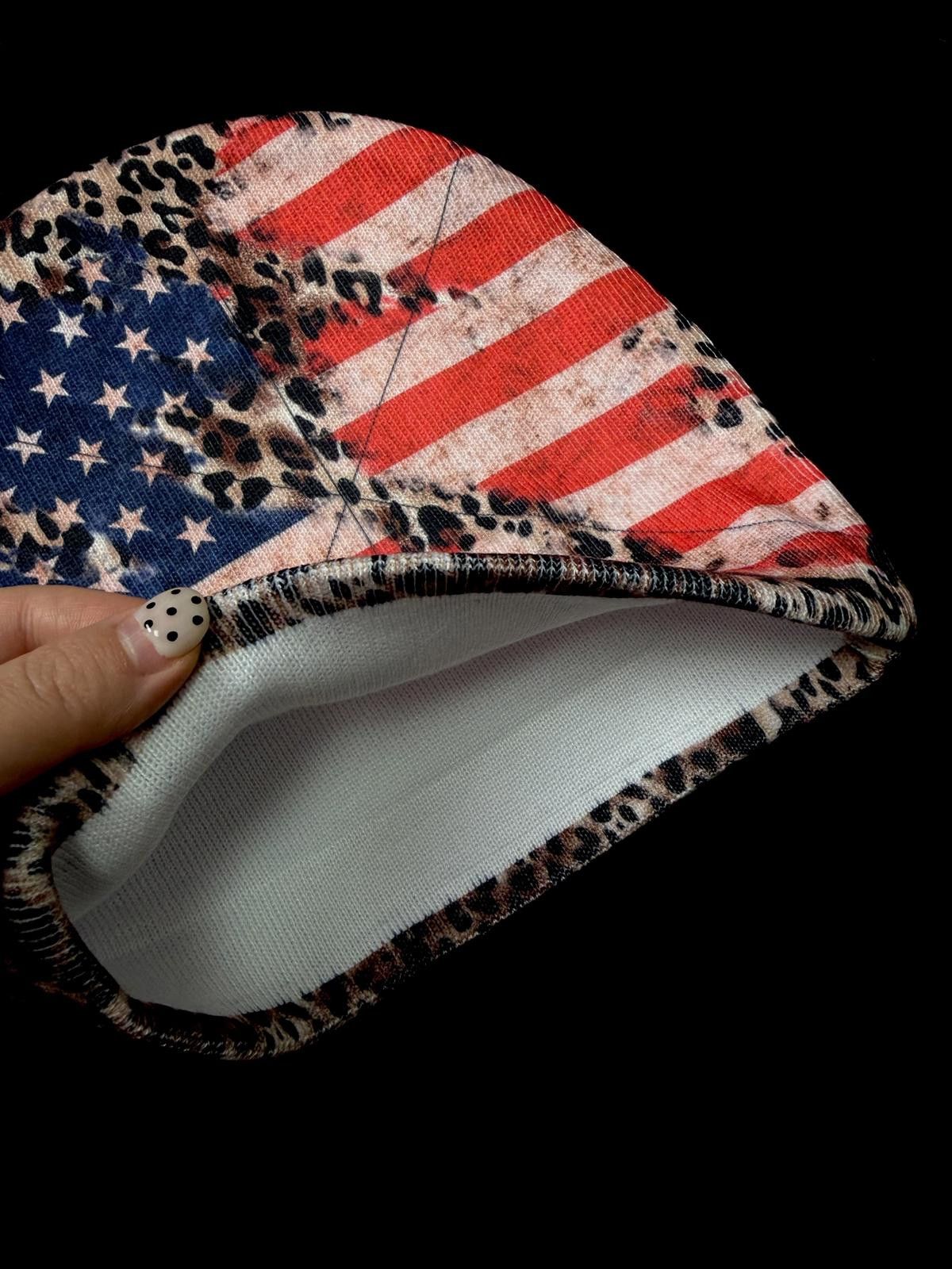 Japanese Brand Y2K Sick Cheetah Print USA Flag No Cuff Knit Beanie Hat OS Size ONE SIZE - 4 Thumbnail