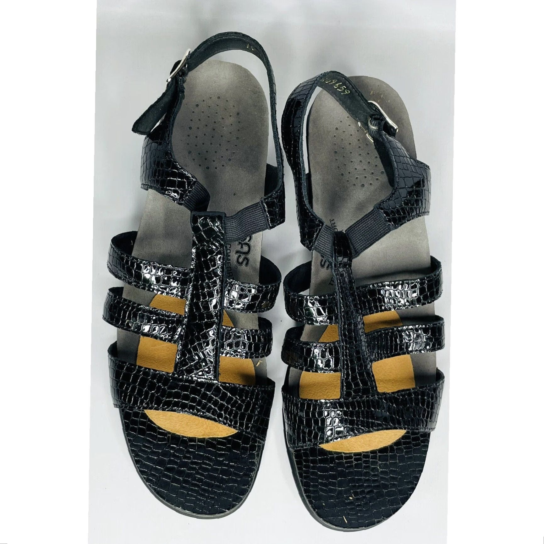 SAS VINTAGE SAS Tripad Allegro Black Patent Leather Croc Snake Print Heel Sandals Sz 10 N Size US 10 / IT 40 - 3 Thumbnail