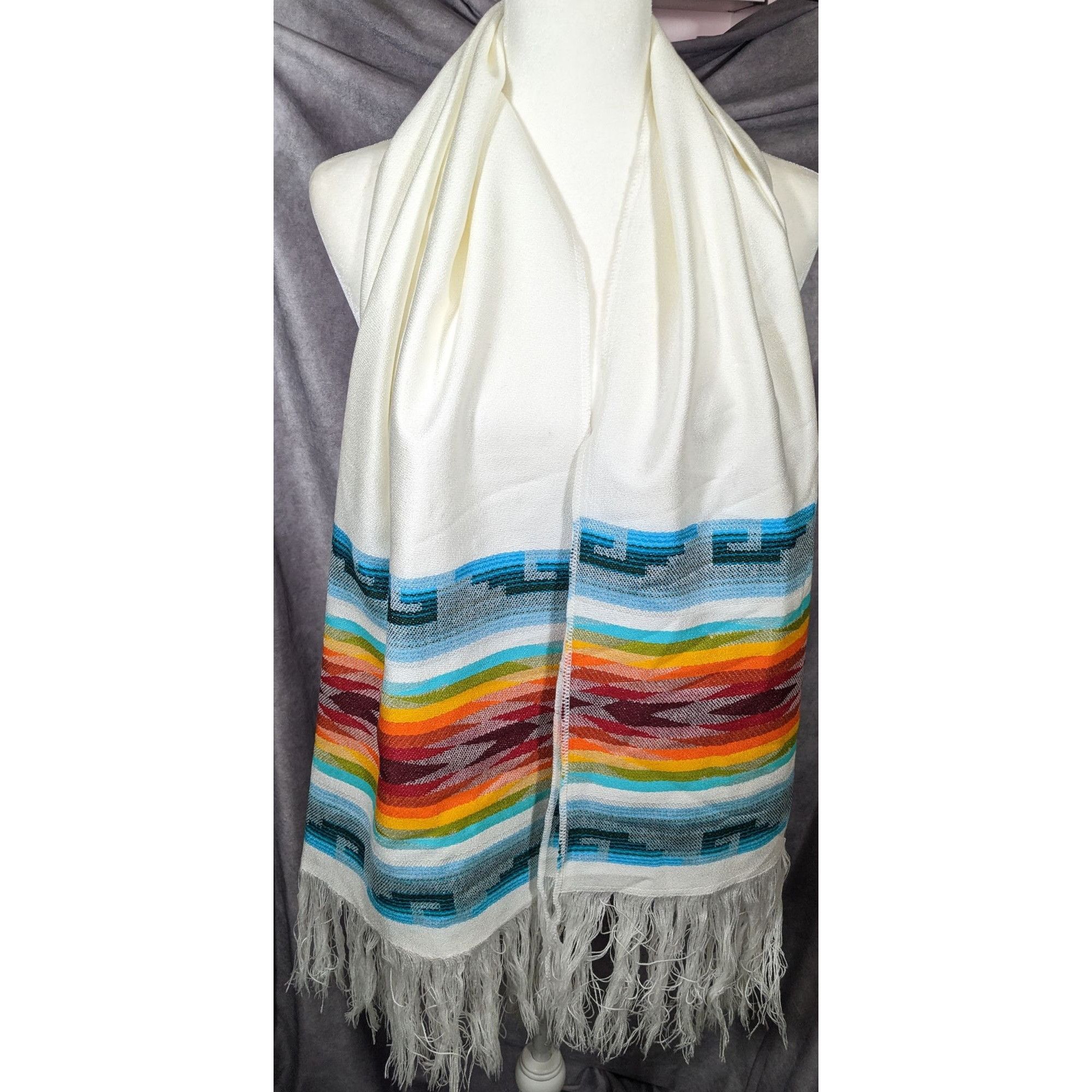 Other Handwoven Southwestern White And Rainbow Scarf With Fringe Size ONE SIZE - 5 Thumbnail