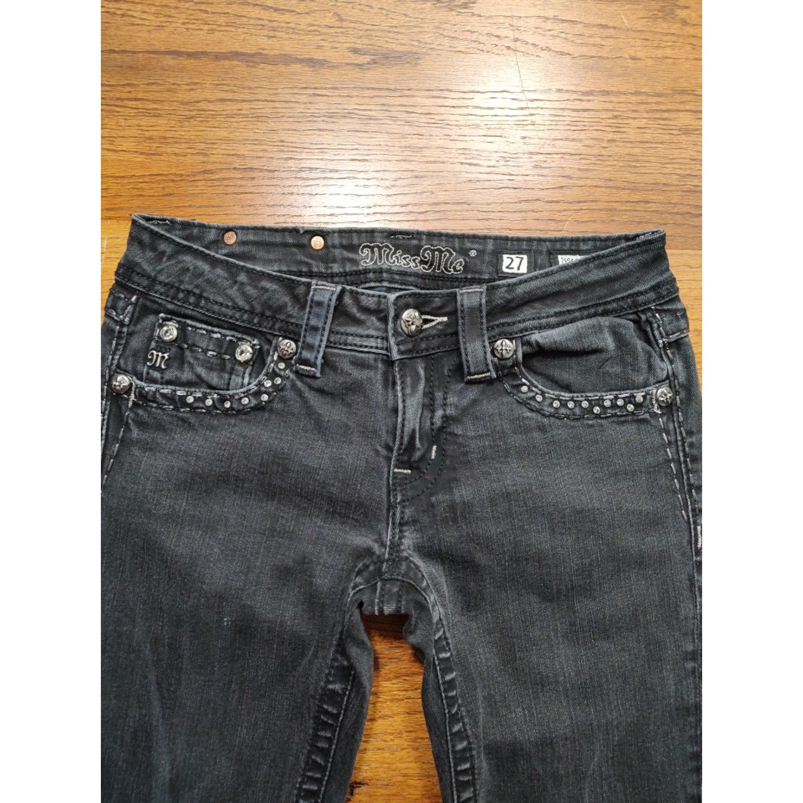 Miss Me Miss Me Skinny Jeans Black Womens 27 Inseam 31 Rhinestone Studded Embroidered 5-Pocket Denim Jeans Size 27" / US 4 / IT 40 - 4 Thumbnail