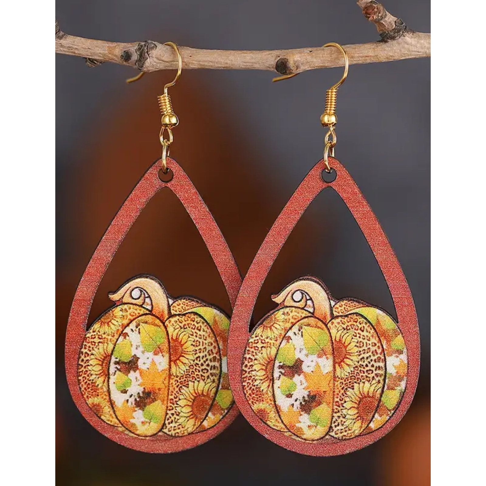 Handmade Thanksgiving Earrings Leopard and Sunflower Pumpkin Wood Size ONE SIZE - 2 Thumbnail