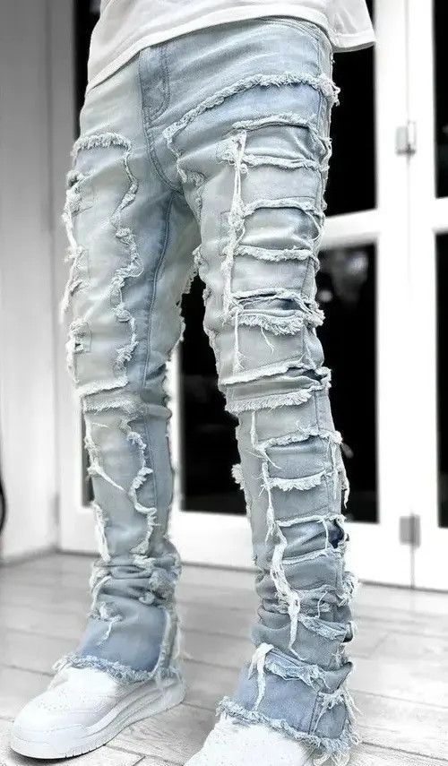 Jean Vintage Elastic Ripped Denim Jeans Size US 33 - 3 Thumbnail