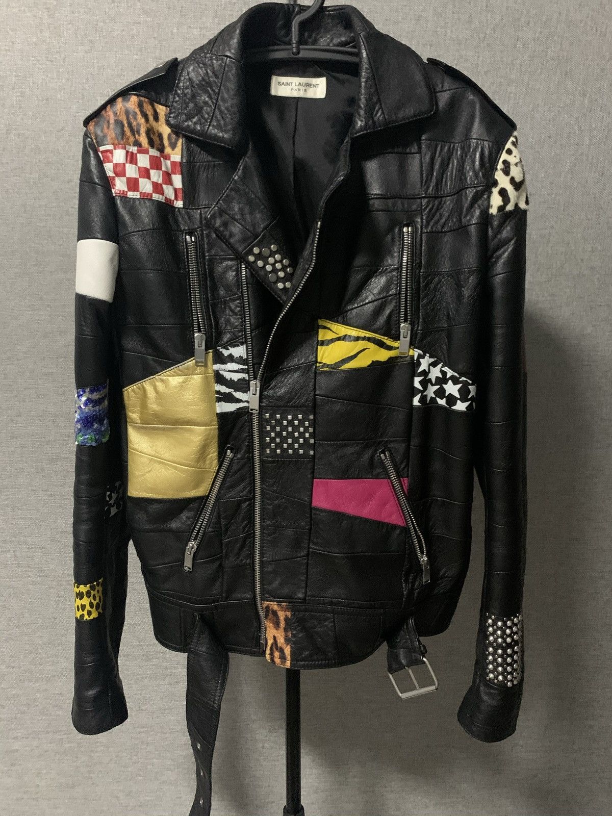 image of Hedi Slimane x Saint Laurent Paris 16Ss Patchwork Leather Jacket in Black, Men's (Size Small)