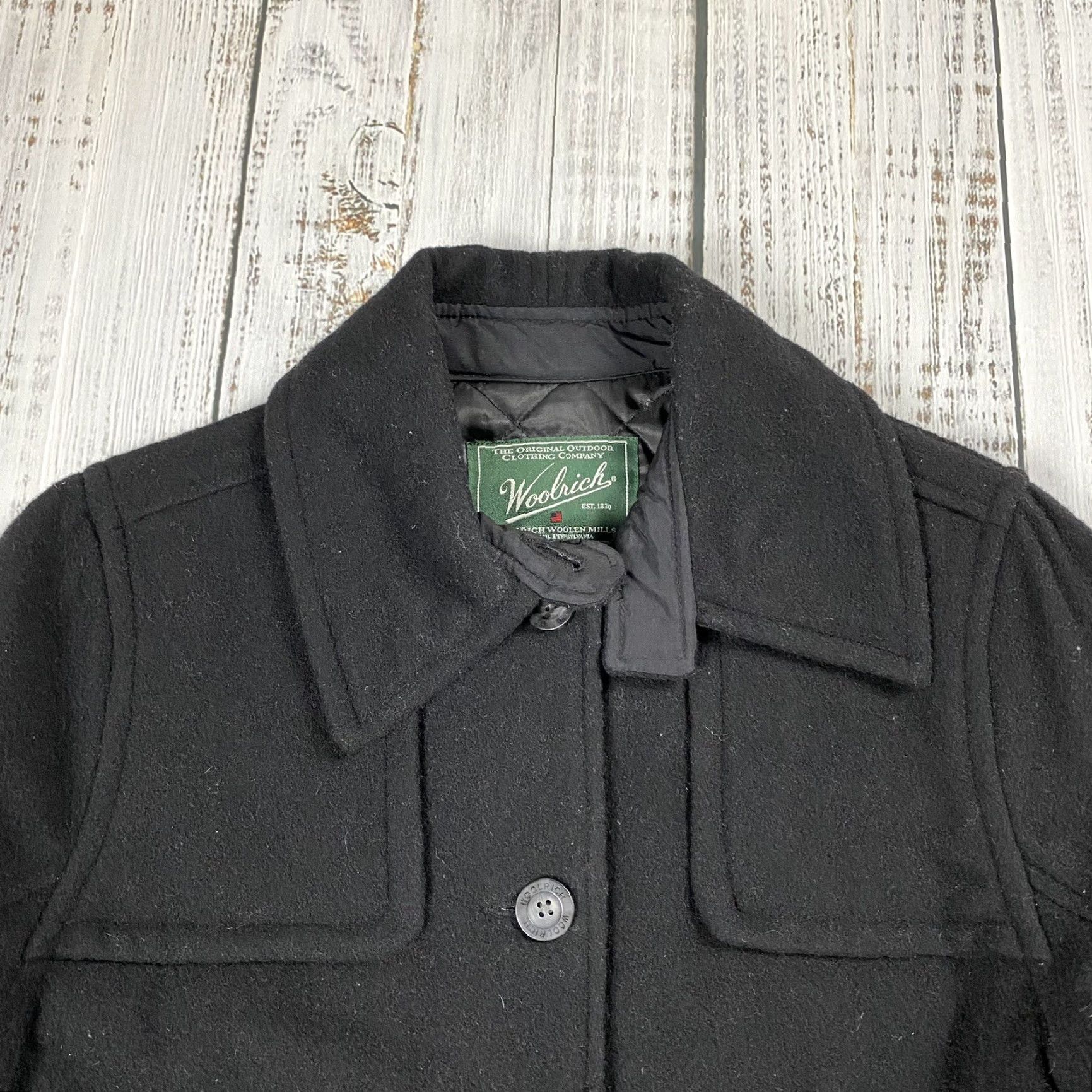 Vintage WOMENS Woolrich NORTHHAMPTON CLOTH COAT CHIN STRAP BUTTON MID-Length Black Wool BlEND Polyester Lining Classic Dry Clean Only Size S Womens Size S / US 4 / IT 40 - 2 Thumbnail