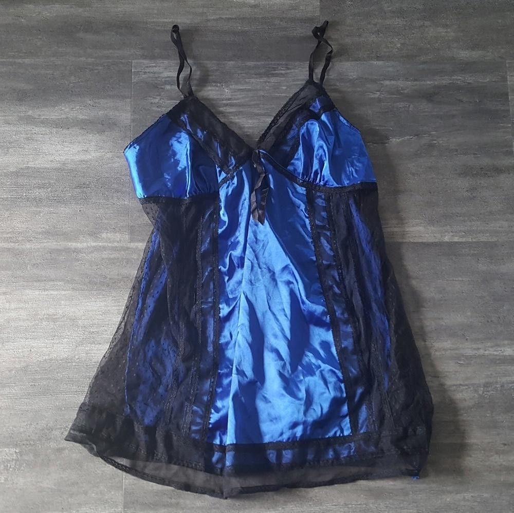 Designer Blue Black Detailed Satin Chemise Size ONE SIZE - 1 Thumbnail