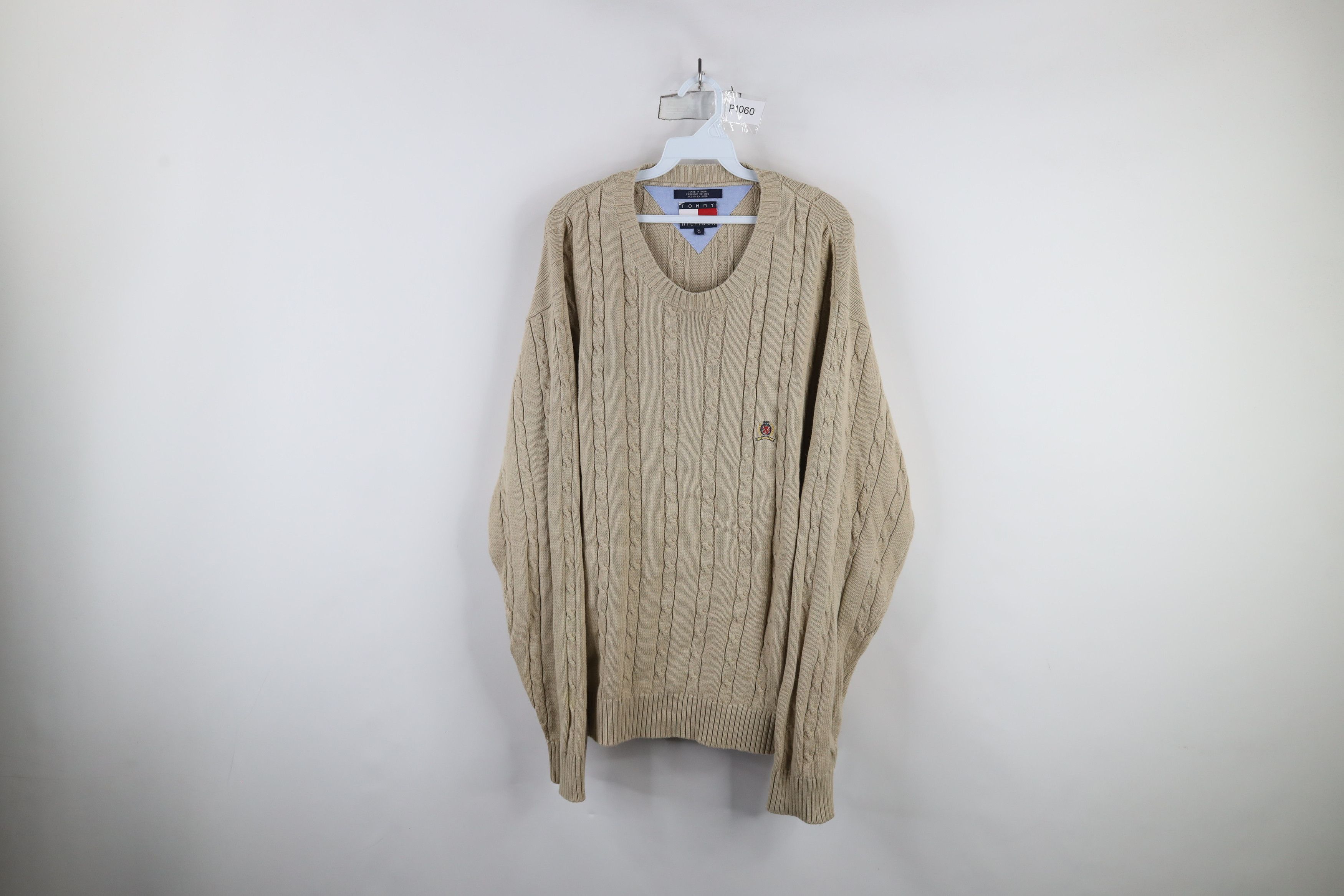 Tommy Hilfiger × Vintage Vintage 90s Tommy Hilfiger Cable Knit Crewneck Sweater Beige Size US XL / EU 56 / 4 - 1 Thumbnail