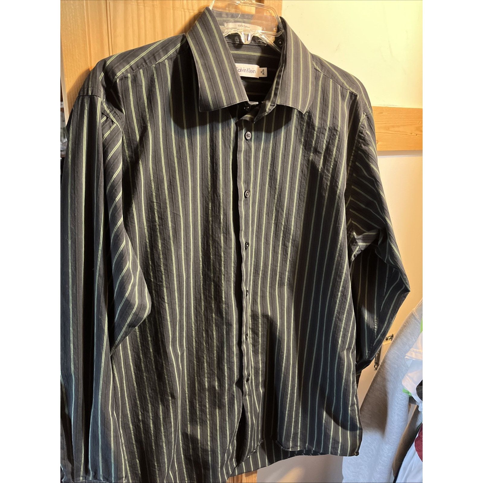 Calvin Klein Calvin Klein Men 16 34/35 Black Green Stripe LS Cotton Shirt Size US L / EU 52-54 / 3 - 2 Thumbnail