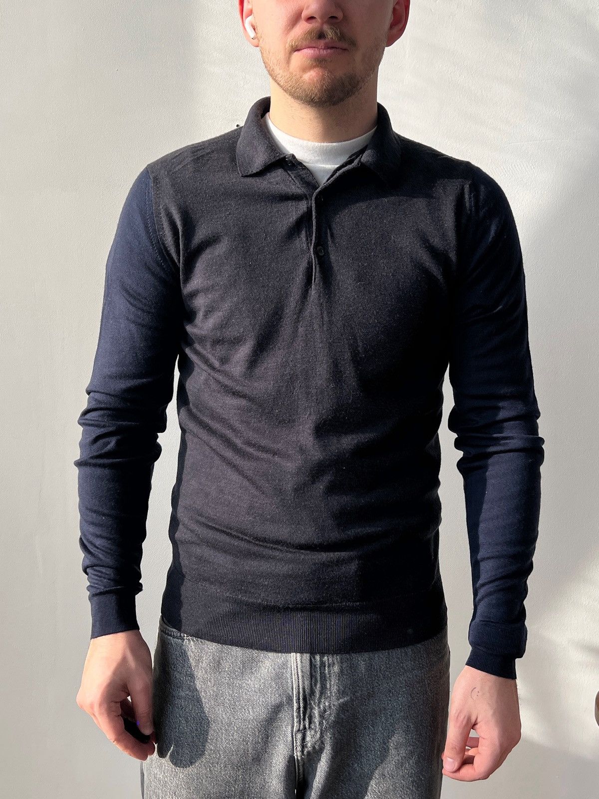 John Smedley John Smedley Grey/Navy Knit Wool Polo Shirt Size M England Size US M / EU 48-50 / 2 - 1 Thumbnail