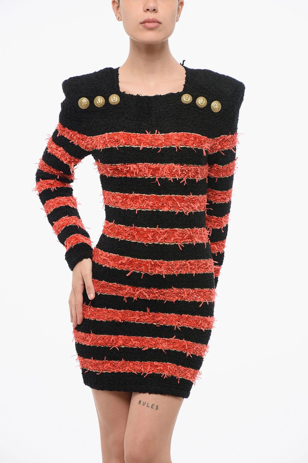 Balmain og1mm0326 Bicolour Striped Mini Dress in Black/Red Size XS / US 0-2 / IT 36-38 - 4 Thumbnail