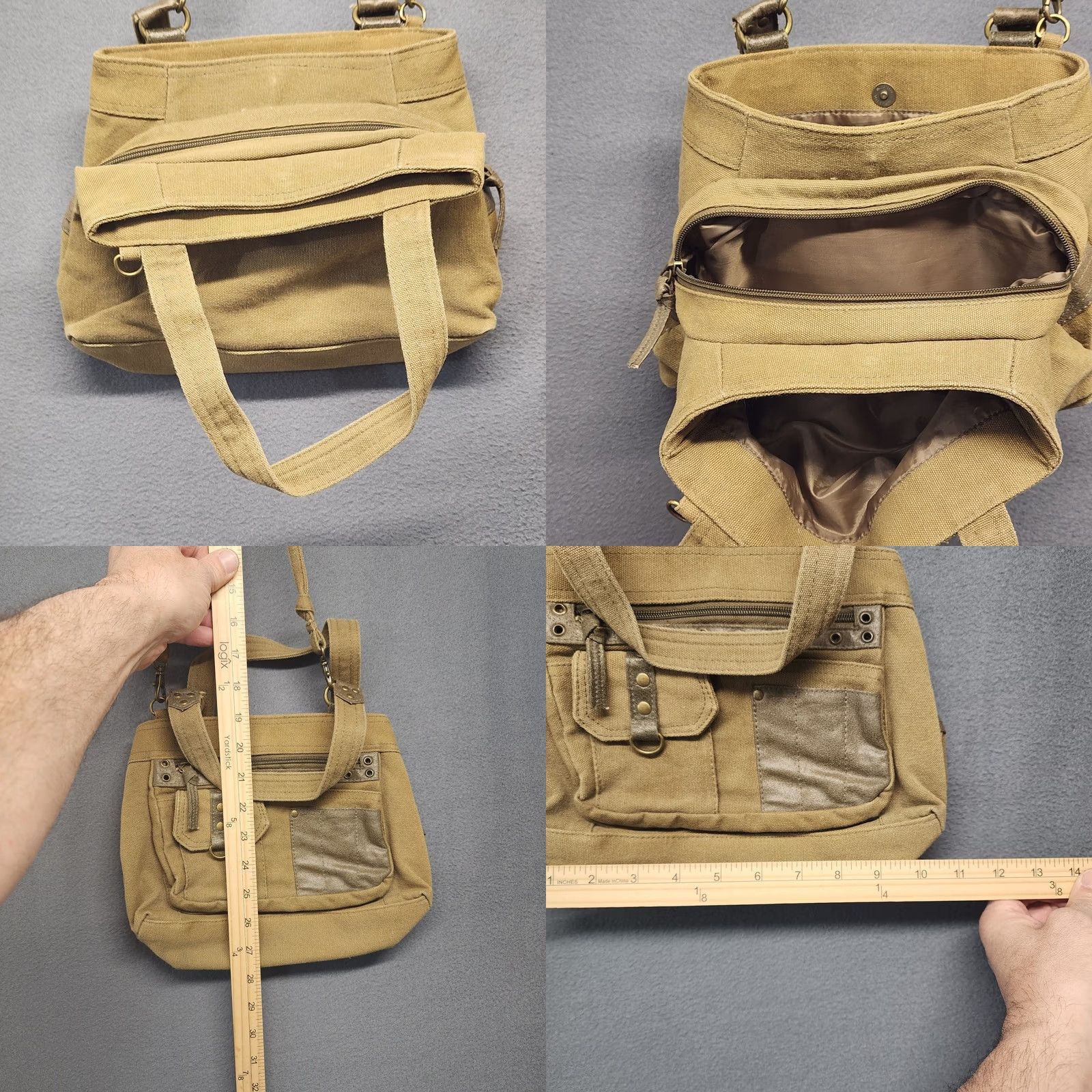 Vintage Khaki Canvas Crossbody Purse Studded Multi Pocket Shoulder Bag Utility Crossbody Women Tan Zip Bag Size ONE SIZE - 8 Thumbnail