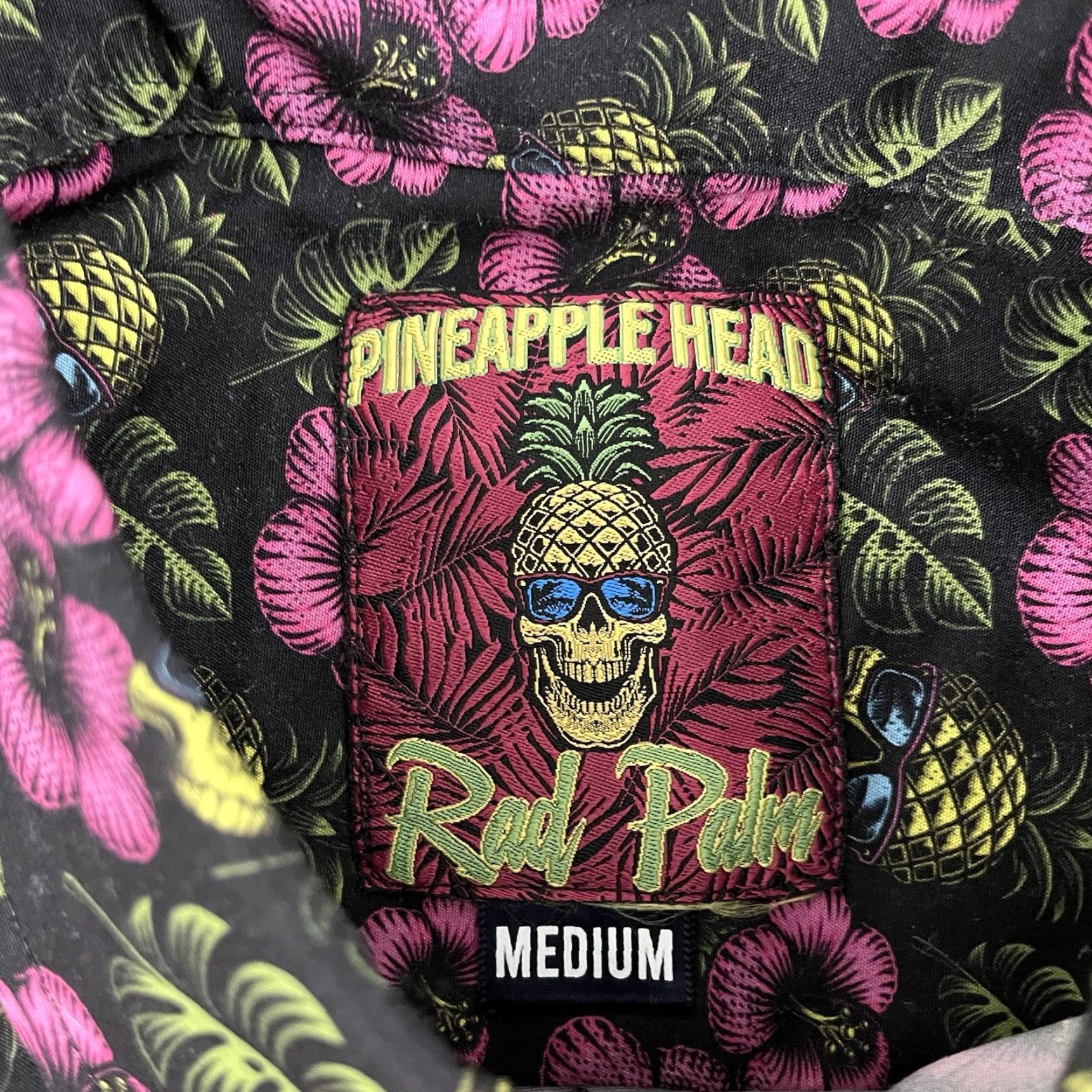 Vintage RAD PALM Shirt Mens Medium Black Pineapple Head Skeleton Stretch Button Down S/S Size US M / EU 48-50 / 2 - 4 Thumbnail