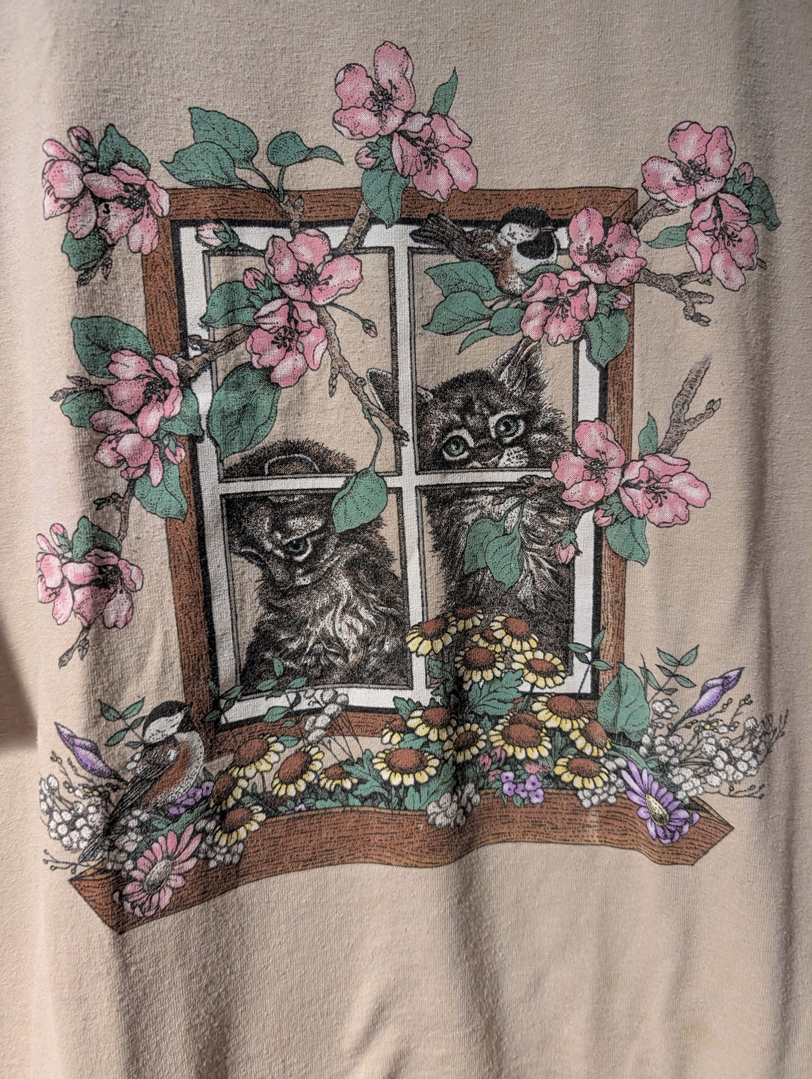 Arts & Science Vintage Kittens Cat Animal Nature Window Flower T-Shirt Size US XL / EU 56 / 4 - 2 Thumbnail