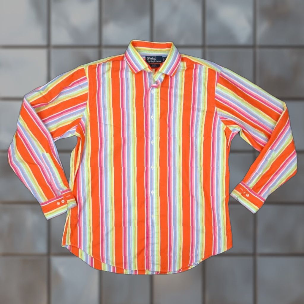 Polo Ralph Lauren VINTAGE Polo Ralph Lauren Dress Shirt Mens 16 Large Orange Button Up Regent Shirt Mens Large Orange Striped 100% Cotton Size 42R - 1 Thumbnail