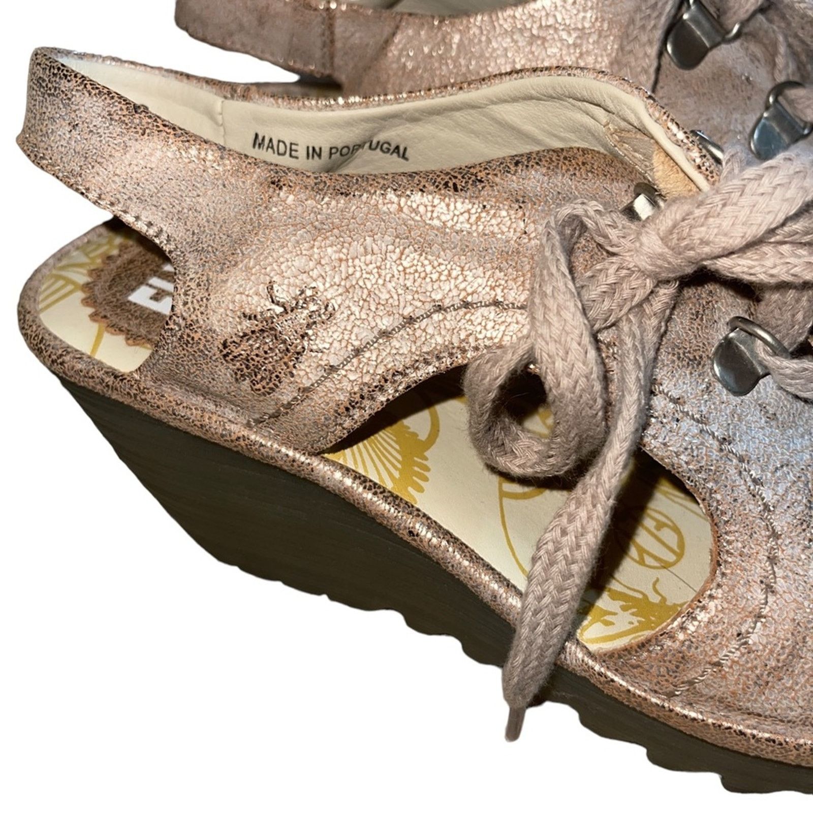 Fly London FLY London Ylfa Leather Lace Up Tan Gold Wedge Sandals Size US 7.5 / IT 37.5 - 5 Thumbnail