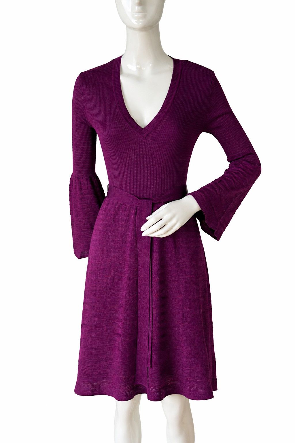 Missoni Purple Merino Wool Fit & Flare Belted V-Neck Dress