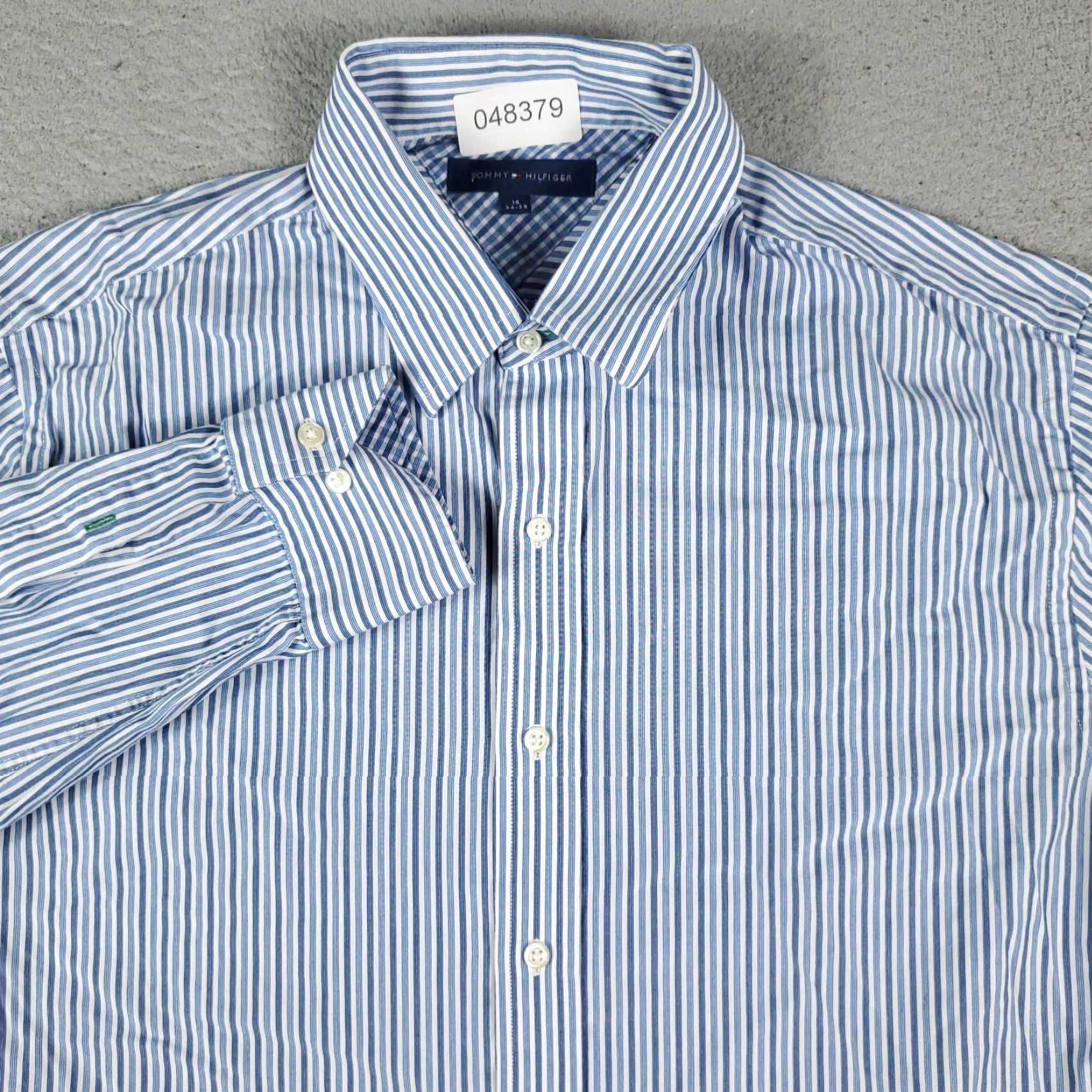 Tommy Hilfiger TOMMY HILFIGER Dress Shirt Mens Size 16 Blue Striped Long Sleeve Button Up Modern Preppy Size 42R - 2 Thumbnail