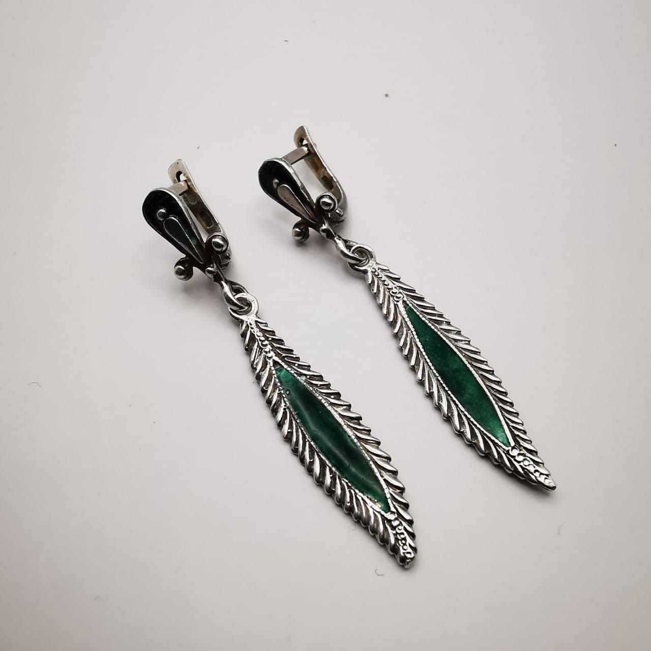 Vintage Vintage Earrings "Willow Leaves" 925 Sterling Silver, Enamel Size ONE SIZE - 3 Thumbnail