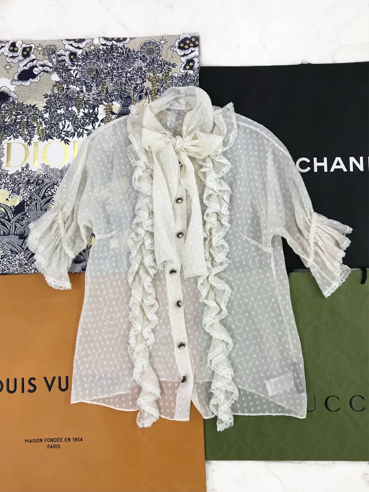 Dolce & Gabbana Dolce Gabbana White Polka Dot Silk Blouse Size S / US 4 / IT 40 - 1 Thumbnail