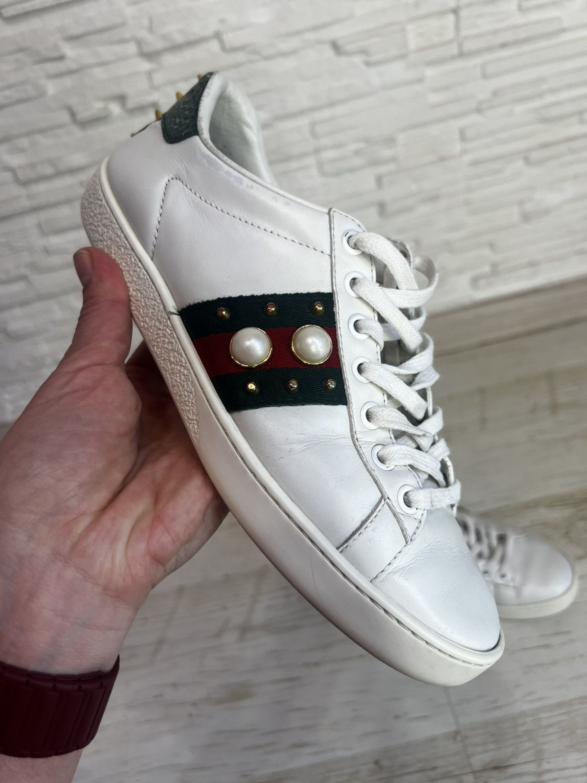 Gucci Gucci Ace Pearl Studded Leather Sneakers Size 35.5 Size US 8 / IT 38 - 8 Thumbnail