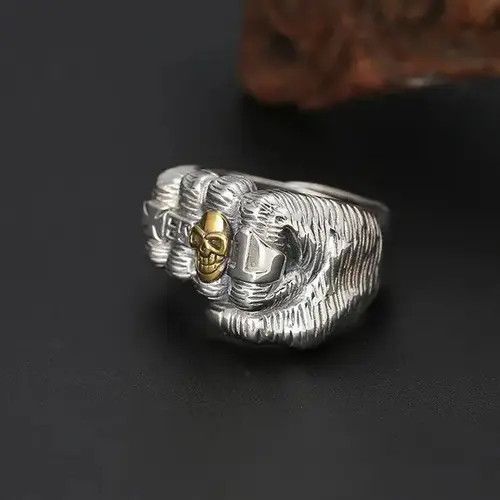 Japanese Brand 925 Silver Plated Adjustable Fist Skull Ring for Men Women Size ONE SIZE - 2 Thumbnail