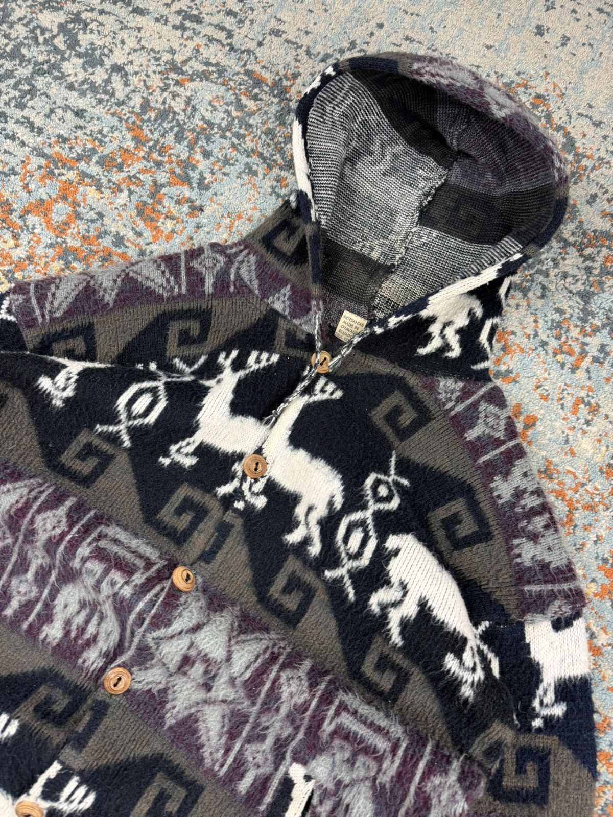 Handmade × Vintage Vintage 90s Andes handmade fuzzy knit sweater hoodie Size US L / EU 52-54 / 3 - 4 Thumbnail