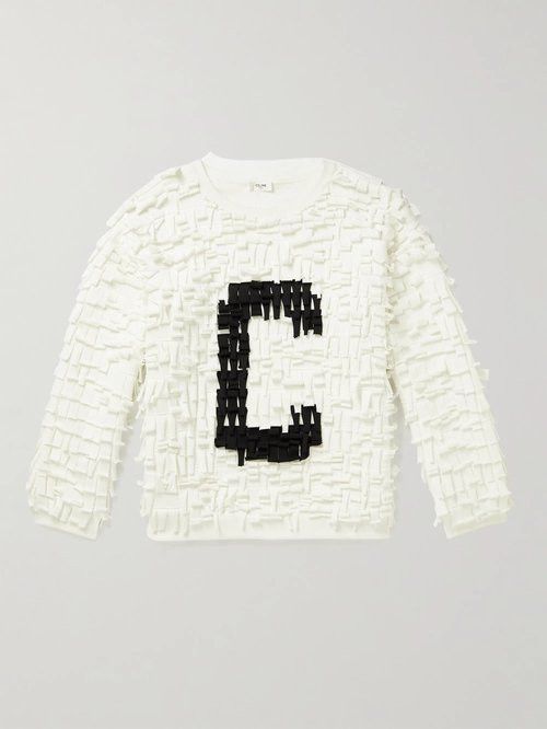 image of Celine Oversized Logo-Appliqued Fringed Cotton Blend Jersey Sweater in White, Men's (Size Medium)
