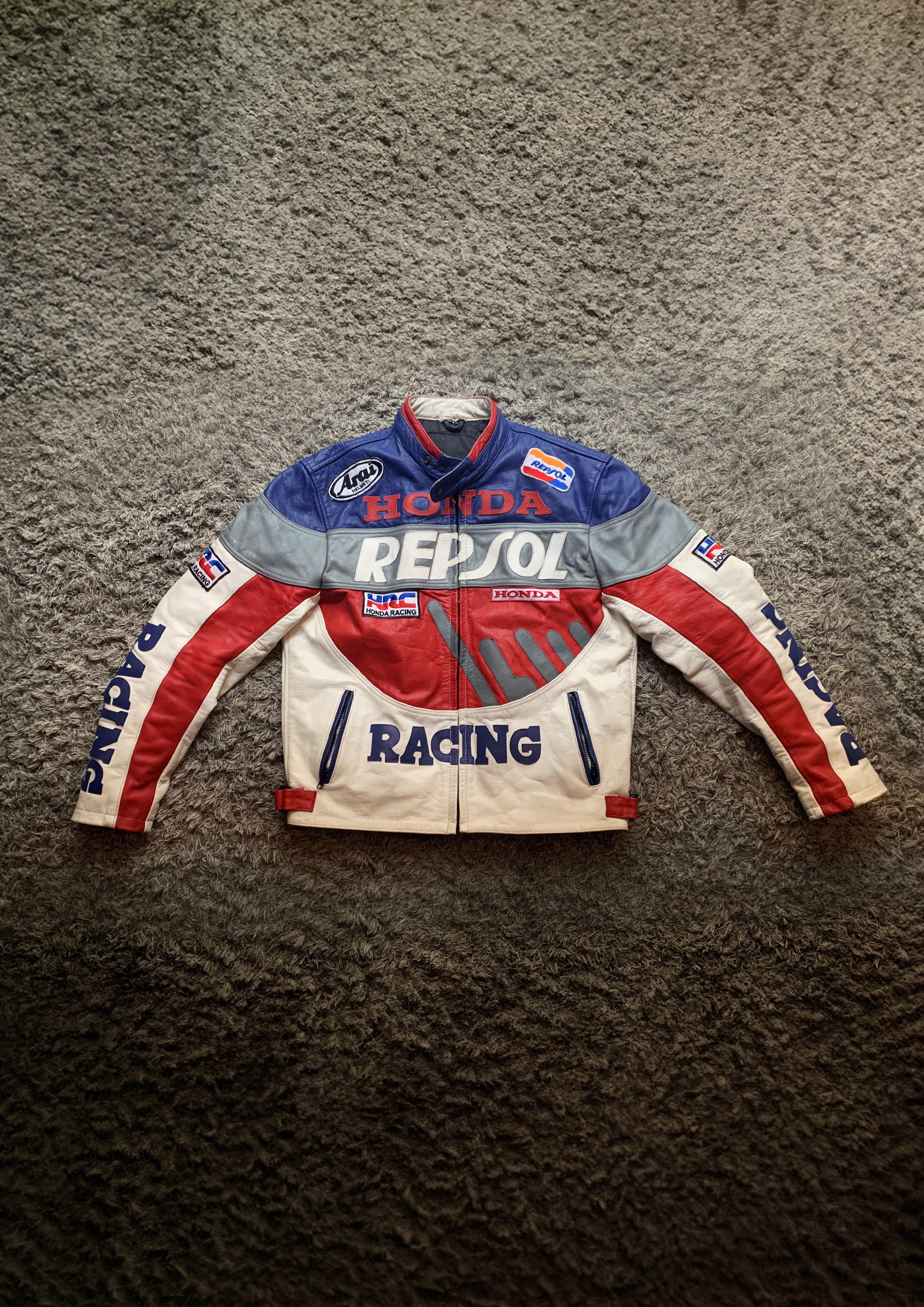 image of Honda Moto Racing Leather Jacket in Blue/Red/White, Men's (Size XL)