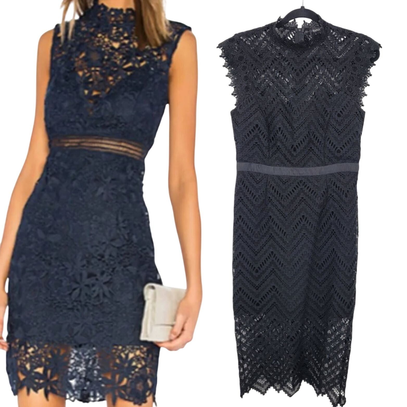 Designer Bardot Black Lace Midi Dress High Neck Cap Sleeves Womens Sz Size M / US 6-8 / IT 42-44 - 2 Thumbnail