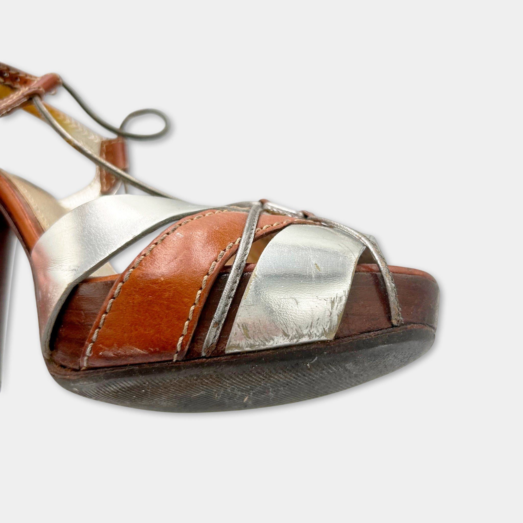 Dolce & Gabbana Dolce & Gabbana SS03 Silver Brown Leather Platform Ankle Str Size US 7 / IT 37 - 7 Thumbnail