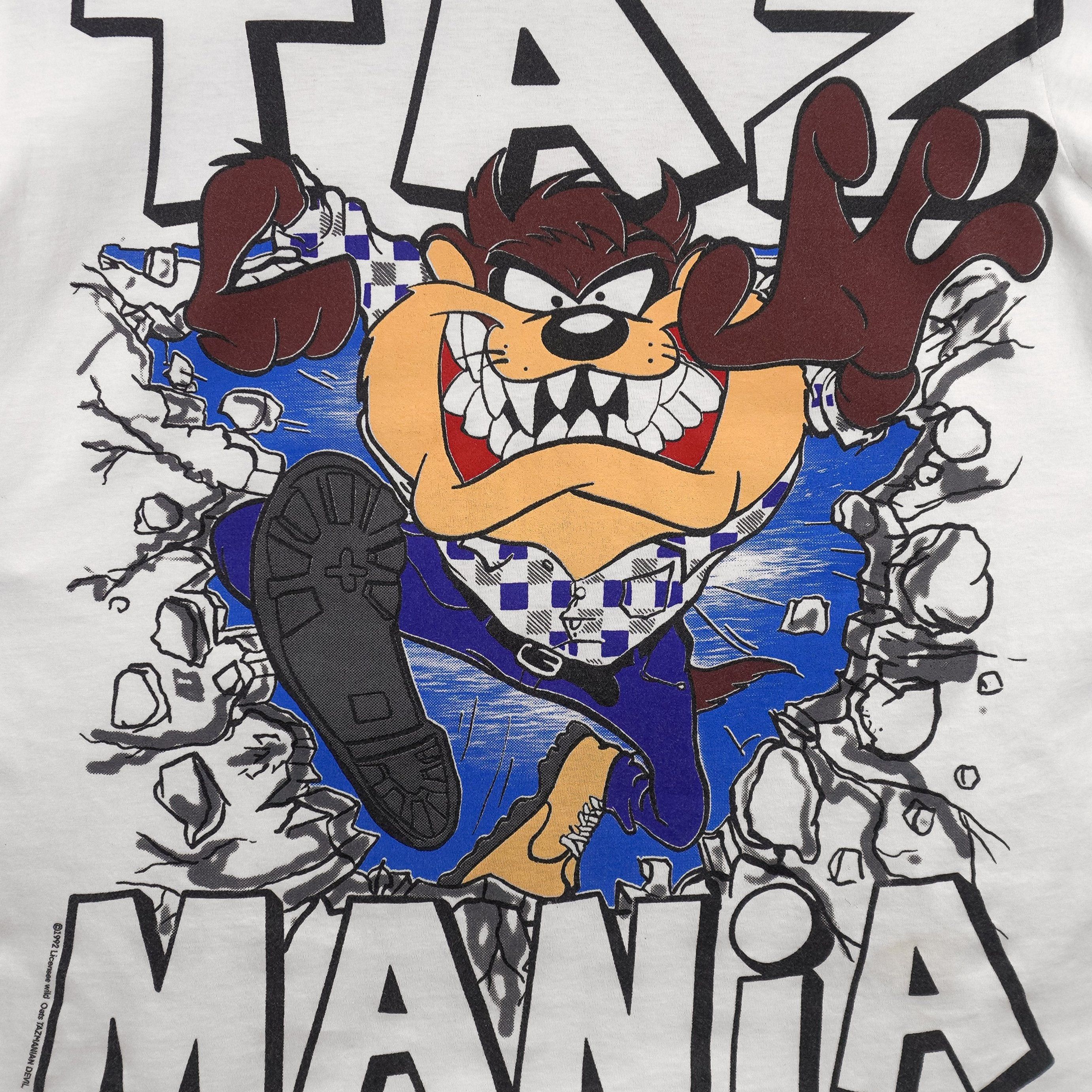 Vintage Looney Tunes - Taz Mania Warning Wild Thing AOP T-Shirt 1992 Size US M / EU 48-50 / 2 - 3 Thumbnail