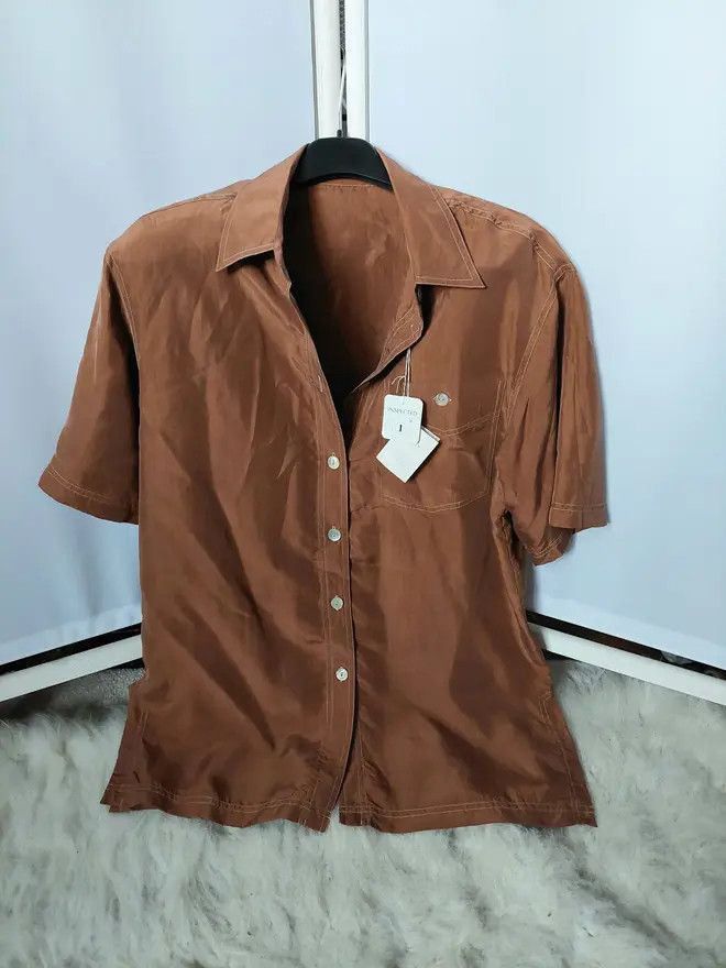 image of 100%silk Shirt Toffee Luxury Soft Classy Unique Vintage in Light Toffee, Women's (Size Large)