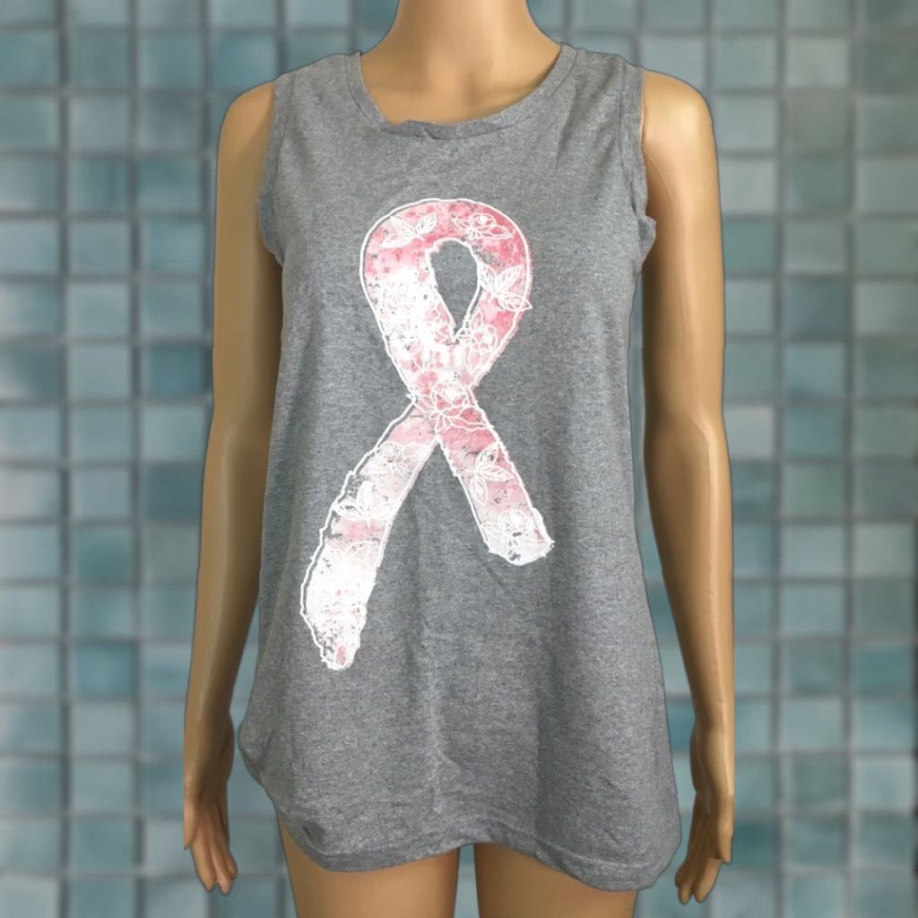 Olive Live Breathe Fight Tank Top Womens S Gray Heathered Pink Ribbon Graphic New Size S / US 4 / IT 40 - 1 Thumbnail