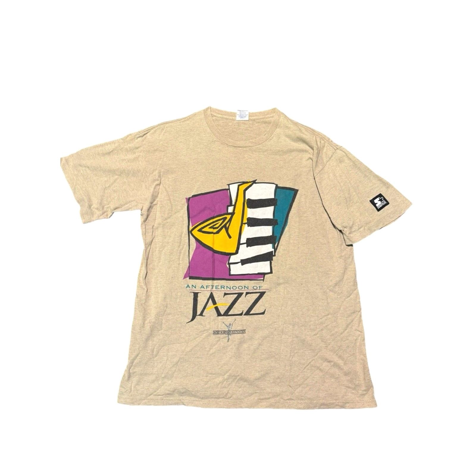 Starter VINTAGE Starter Afternoon Of Jazz Jackie Robinson Foundation T Shirt Size L Mens Beige 70s 80s 90s Graphic Print Crew Neck Short Sleeve Size US L / EU 52-54 / 3 - 2 Thumbnail