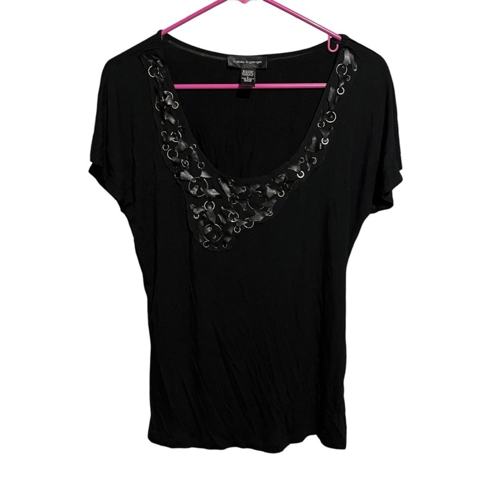 Other Cable & Gauge L Black Silver Ring Vneck Short Sleeve Top Size L / US 10 / IT 46 - 1 Thumbnail