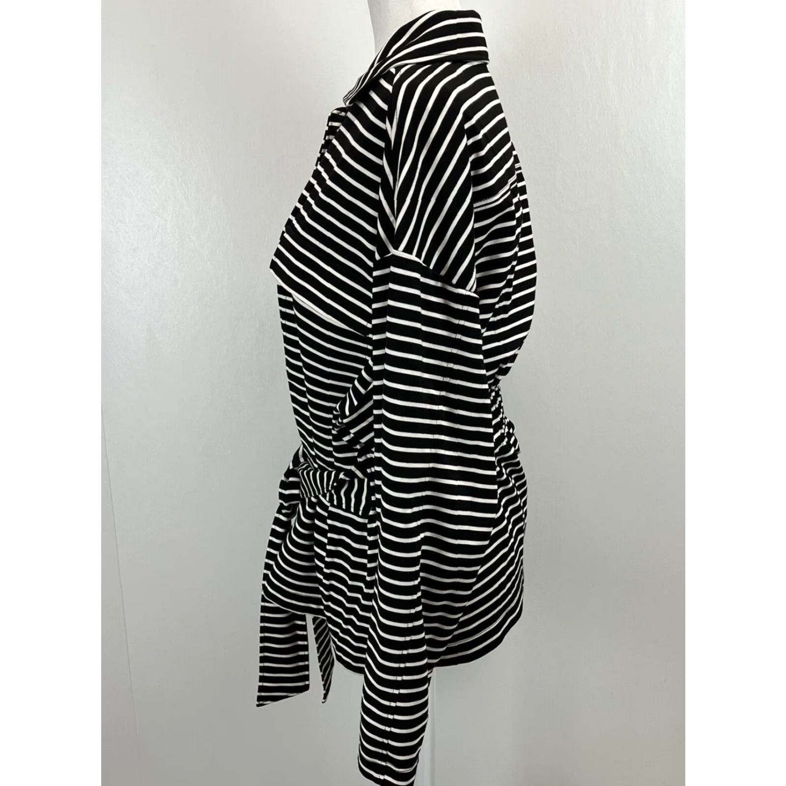 Vintage Chicos Belted Full Zip Jacket Women's XL Black White Striped Cotton Blend Casual Size XL / US 12-14 / IT 48-50 - 2 Thumbnail