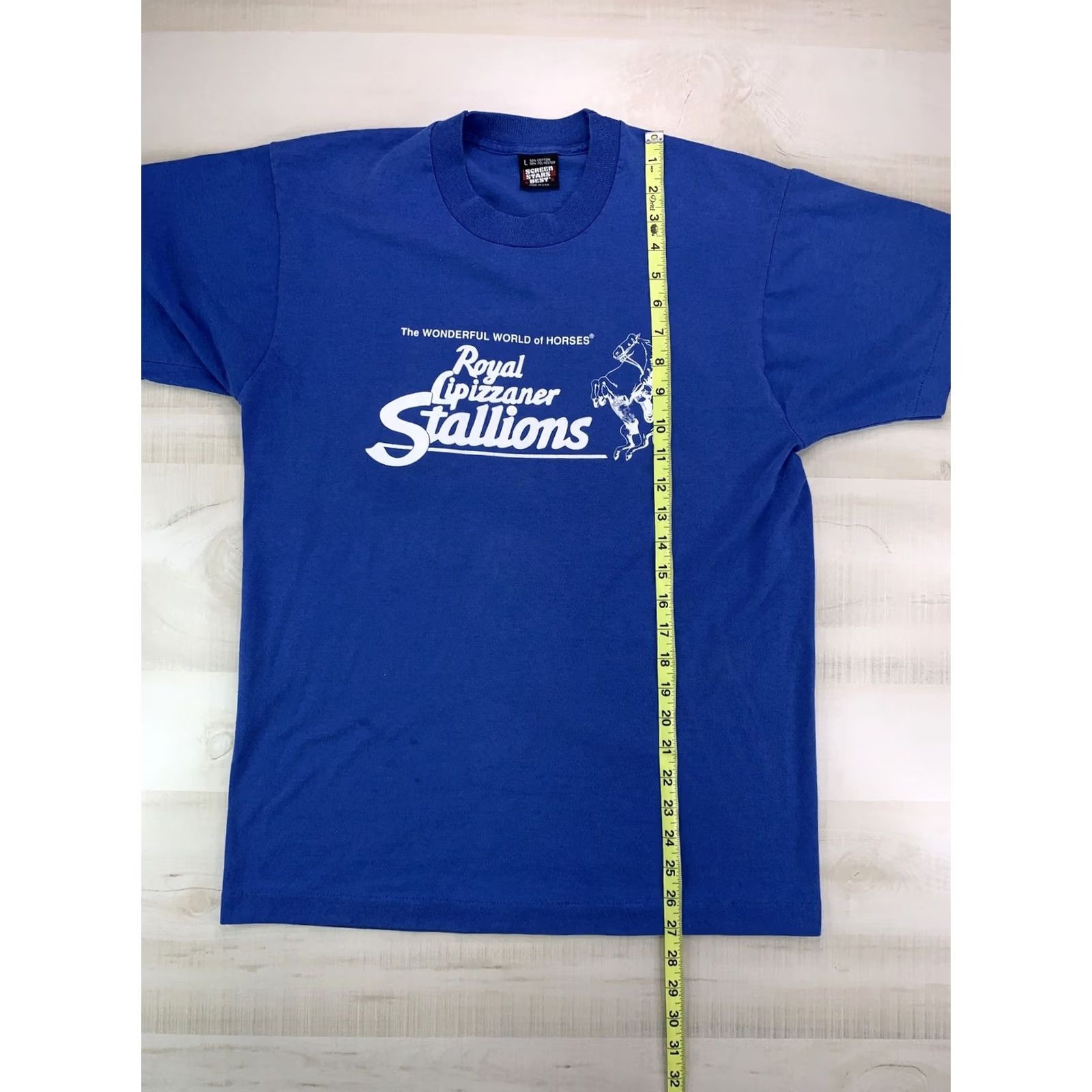 Vintage Vintage Screen Stars T-Shirt Blue L Short Sleeve Crew Neck Cotton Blend Unisex Adults Lipizzaner Stallions Graphic Stitch 80s 90s USA Mens Womens Size US L / EU 52-54 / 3 - 7 Thumbnail