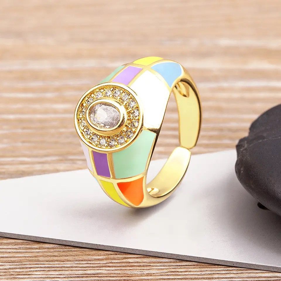 Jewelry Charming Zircon Grid Stripe Oil Dripping Rings Size ONE SIZE - 1 Thumbnail