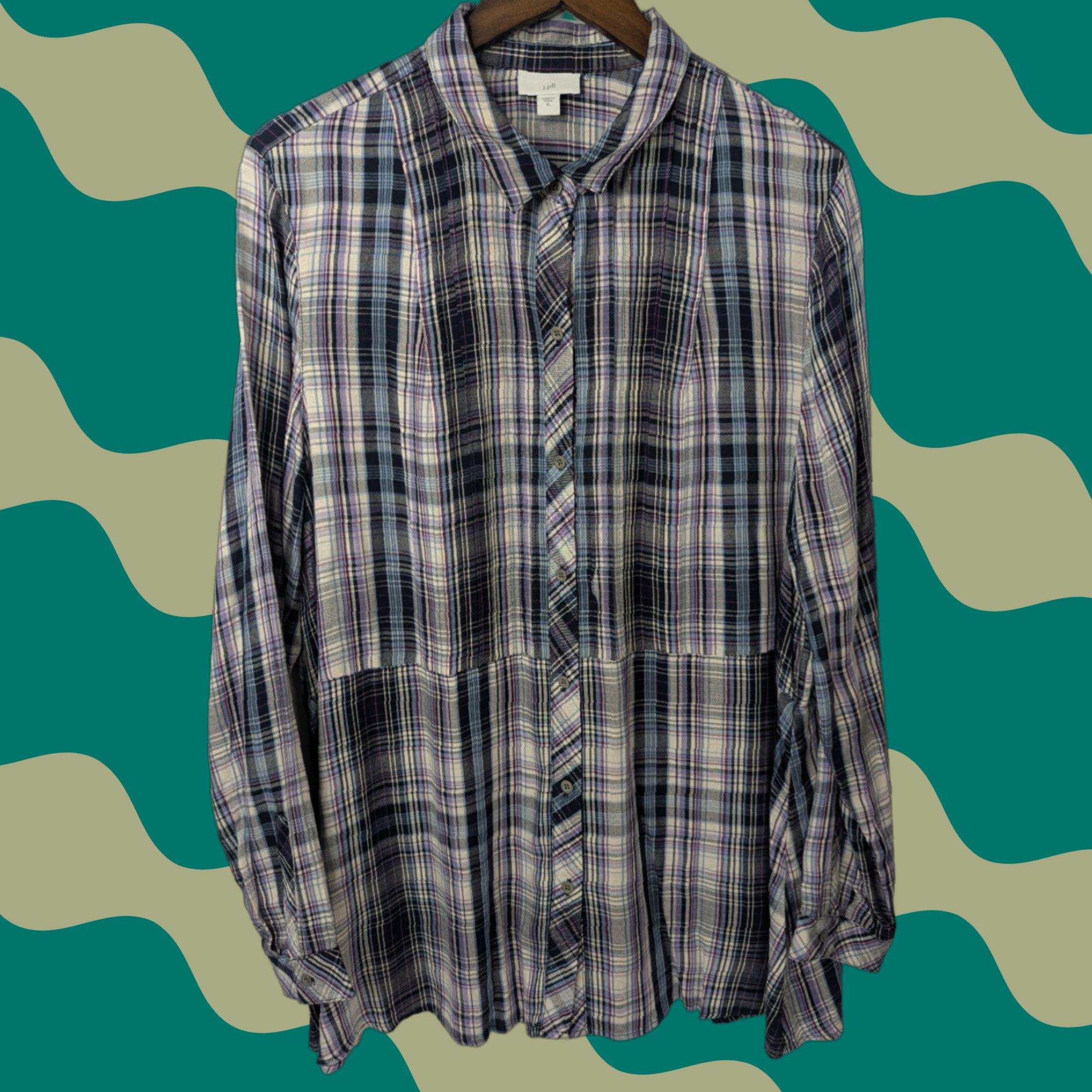 J. Jill J. Jill Tunic Shirt XL Black Purple Button Up Long Sleeve Boho Soft Summer Rayon Size XL / US 12-14 / IT 48-50 - 1 Thumbnail