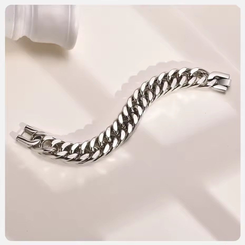Japanese Brand 15MM Width Stainless Steel Cuban Chain Bracelets 21 cm Size ONE SIZE - 7 Thumbnail