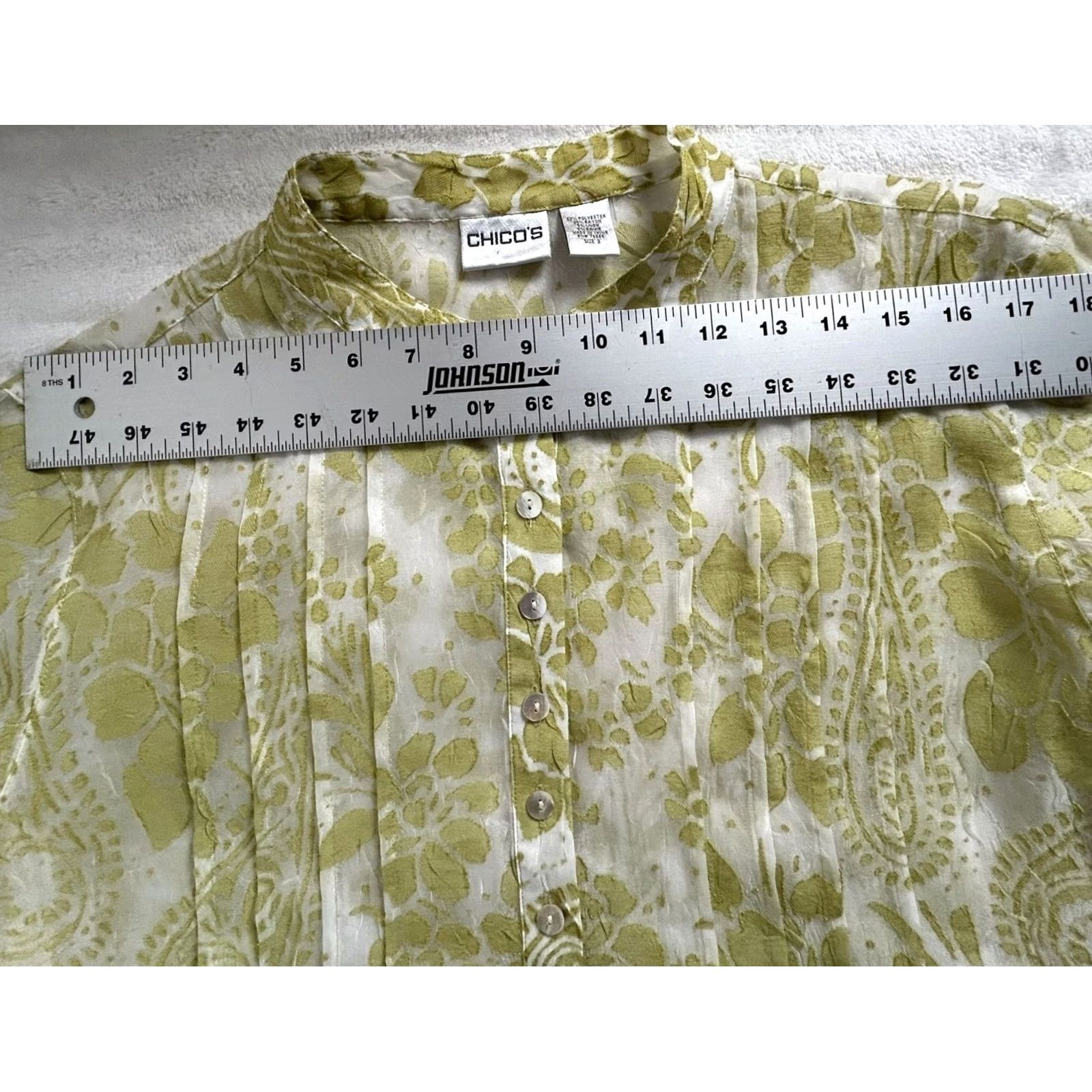 Vintage Chico's Sheer Floral Button-Front Blouse Mandarin Collar Sz 2 Green Linen Blend Size XS / US 0-2 / IT 36-38 - 5 Thumbnail