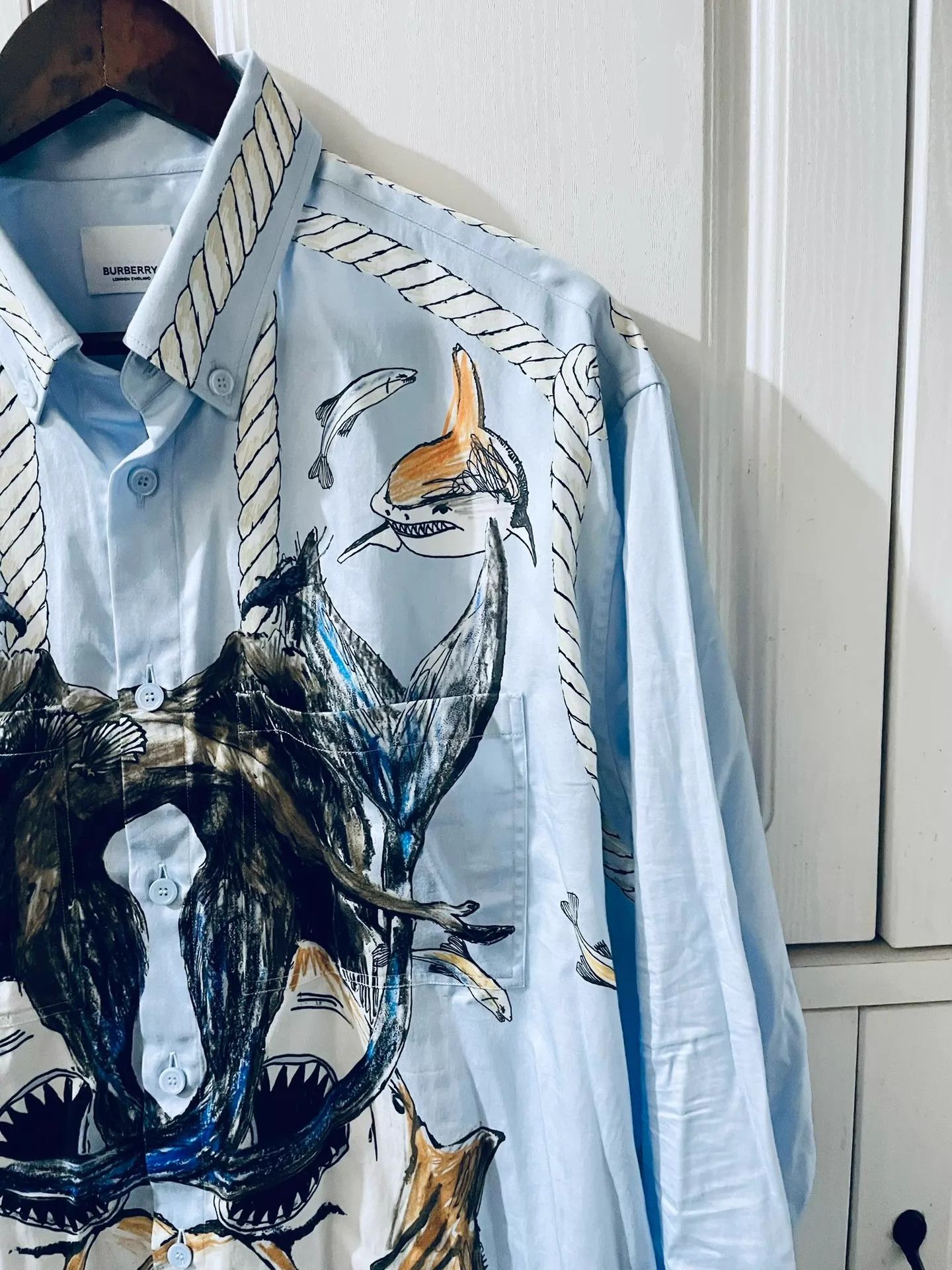 Burberry BURBERRY Runway Blue Shark Print XL Shirt Size US XL / EU 56 / 4 - 5 Thumbnail