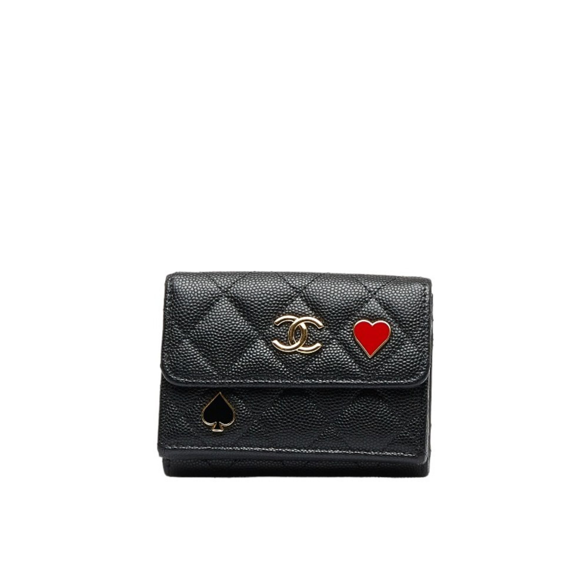 Chanel CHANEL Matelasse Heart Spade Trifold Wallet Small Black Caviar Skin  Ladies