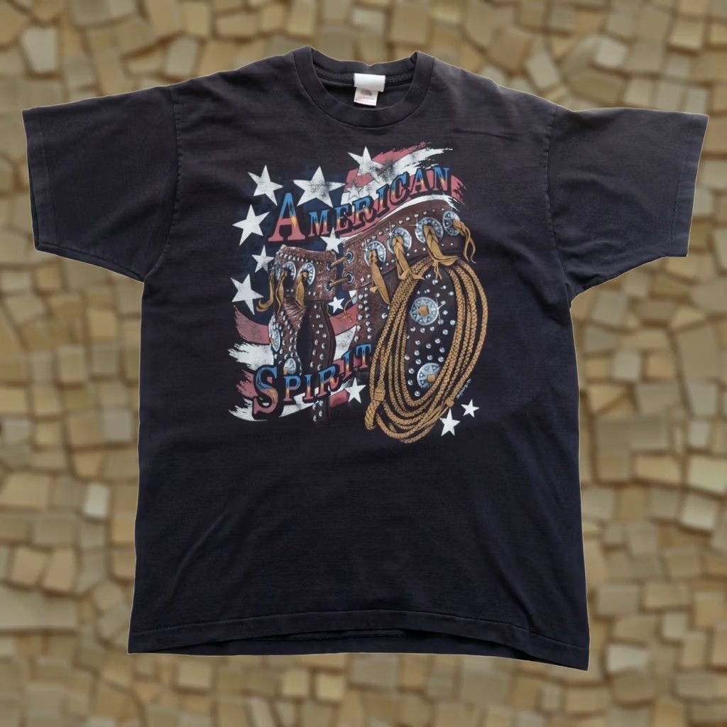 Fruit Of The Loom VINTAGE Fruit of the Loom WESTERN AMERICAN SPIRIT Graphic BLACK T SHIRT XL Men 90s Size US XL / EU 56 / 4 - 1 Thumbnail