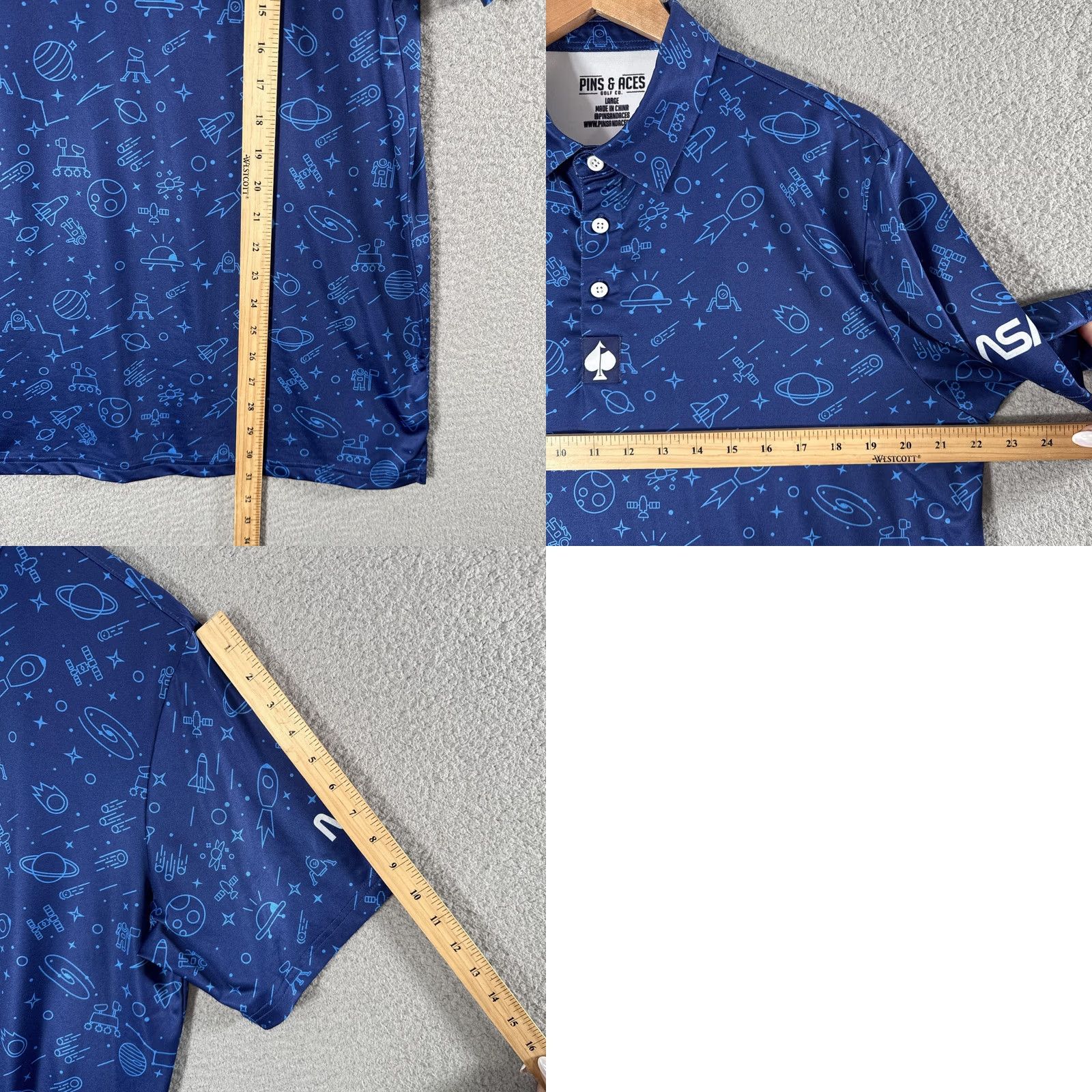 Vintage Pins & Aces NASA Polo Shirt Mens L Blue Space Print Golf Performance Size US L / EU 52-54 / 3 - 8 Thumbnail