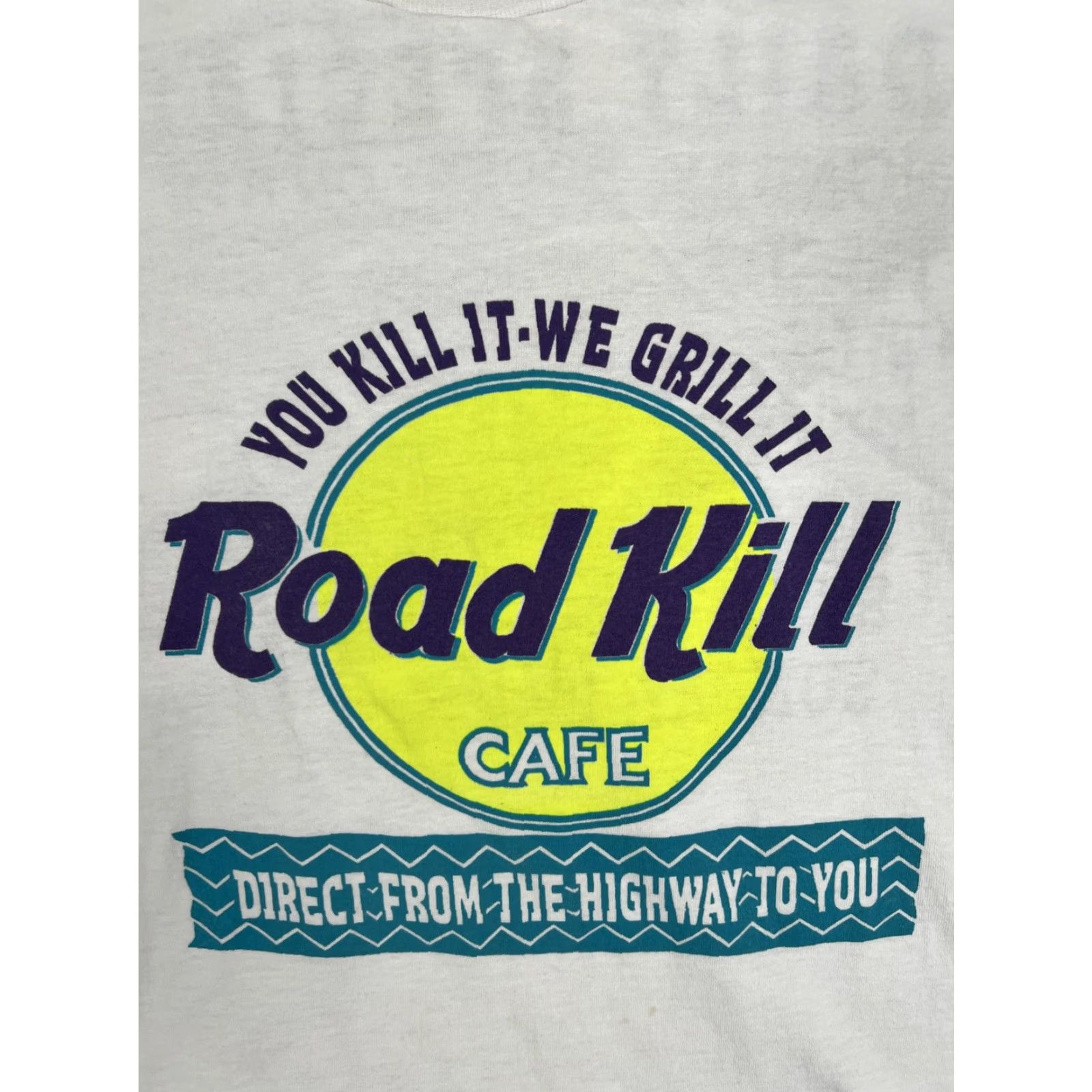 Vintage VINTAGE Road Kill Cafe T-Shirt Mens XL White Shirt Humor 90s Mens Black Text Graphic Print Short Sleeve Crew Neck All Seasons Size US XL / EU 56 / 4 - 2 Thumbnail