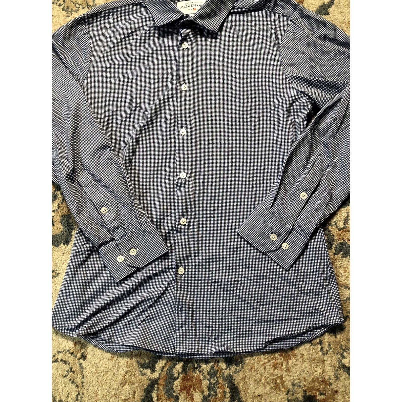 Mizzen+Main Mizzen+Main Shirt Mens Large Blue Gingham Spinnaker Trim Fit Dress Button Up Size 42R - 2 Thumbnail