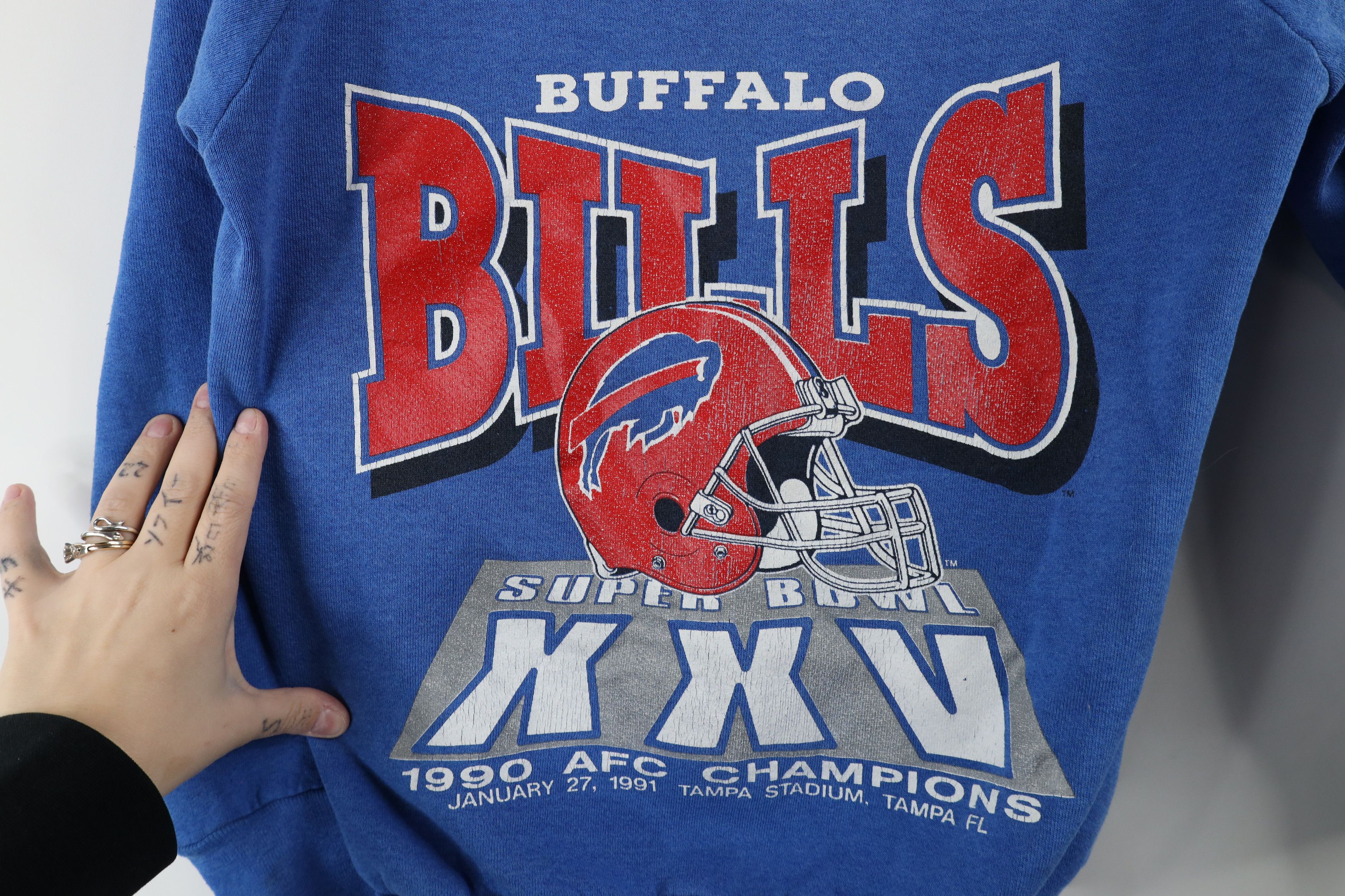 Vintage 90s Bowl XXV Buffalo Bills Football Sweatshirt Blue - Main Image
